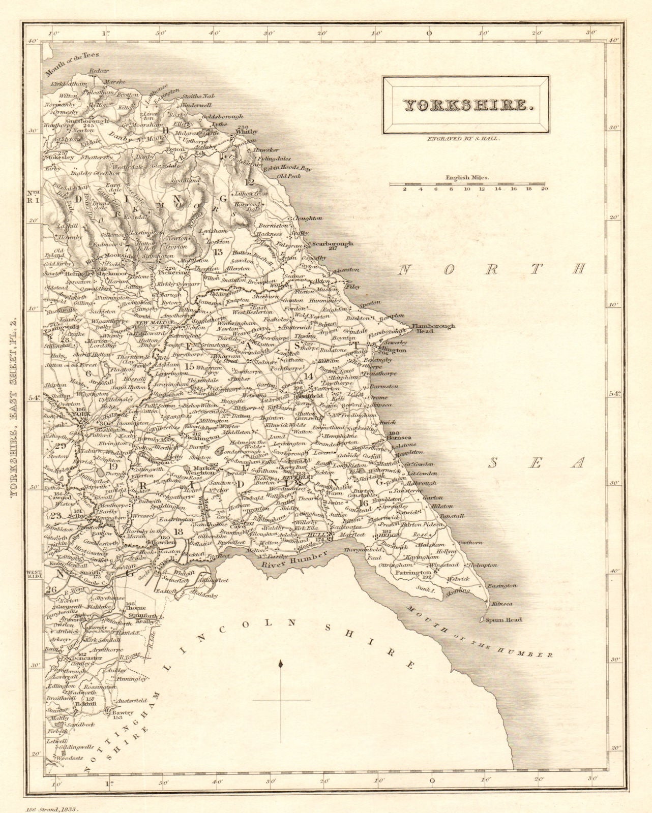 Antique county map of eastern YORKSHIRE by Sidney Hall 1833 old